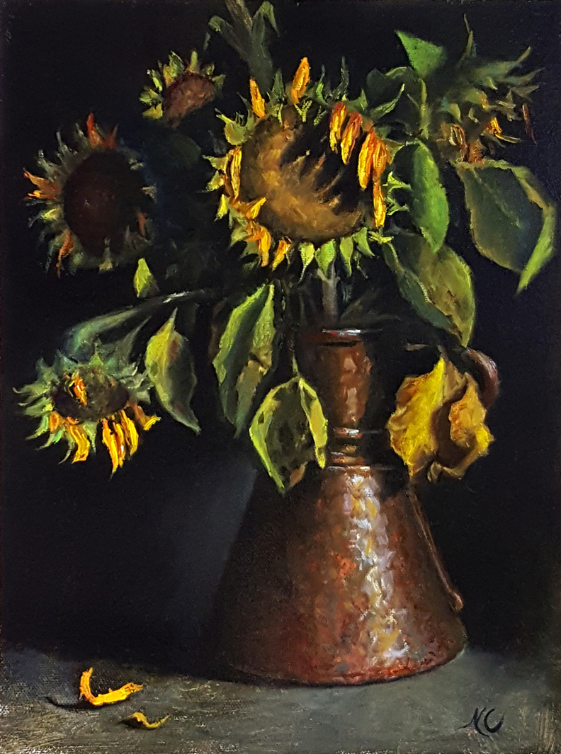 STILL LIFE WITH SUNFLOWERS IN A RUSTY POT