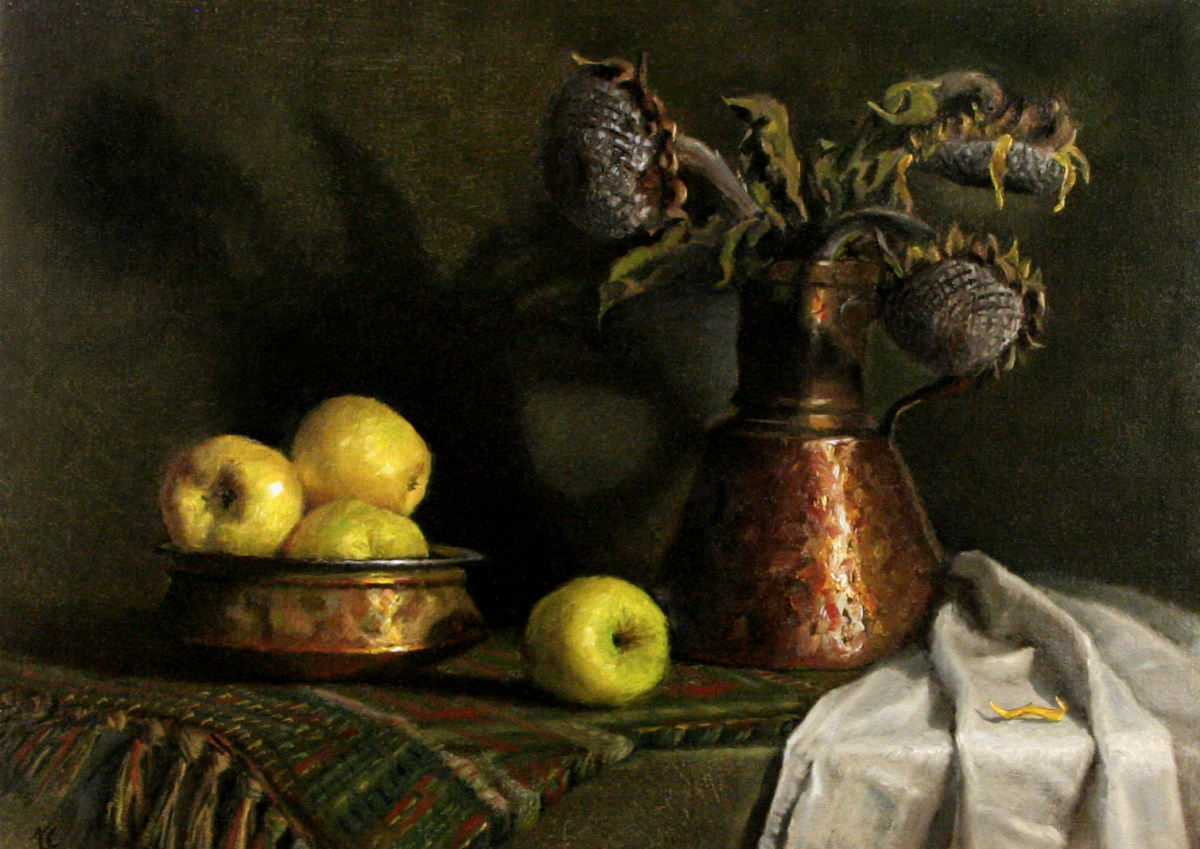 STILL LIFE WITH APPLES AND DRY SUNFLOWERS