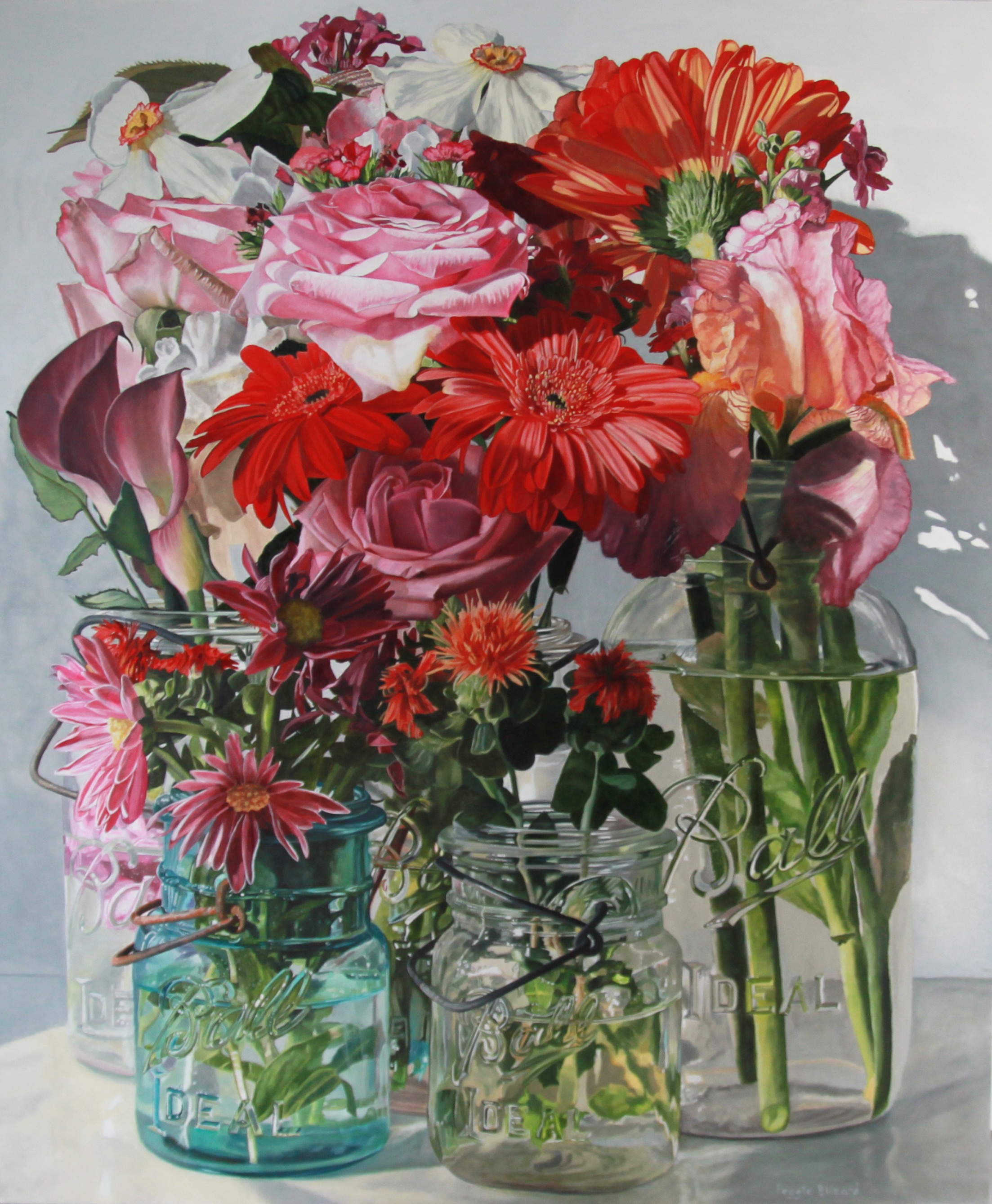 Peggie Blizard, Five Ball Jars with Flowers, oil on panel, 36x30", $10,000.