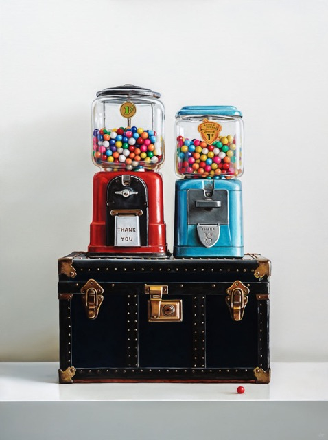 Christopher Stott, Two Gum Ball Machines, oil on canvas, 40x30", $6,800.