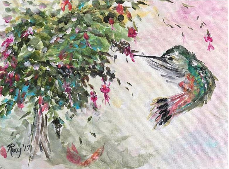 Hummingbird with Fuchsias