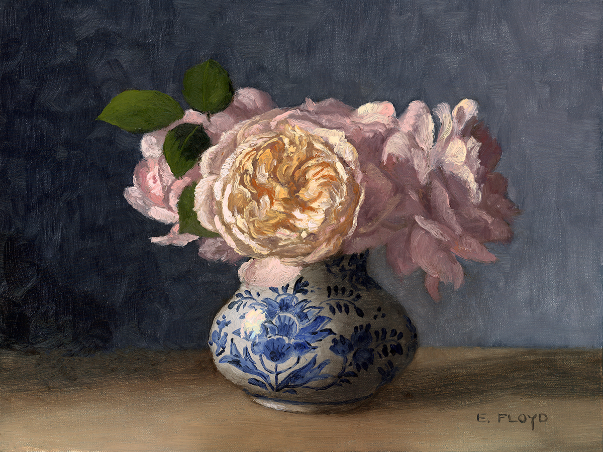 Crocus Roses in Delft Vase