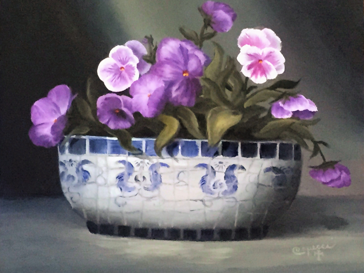 Pansies in Tiled Bowl
