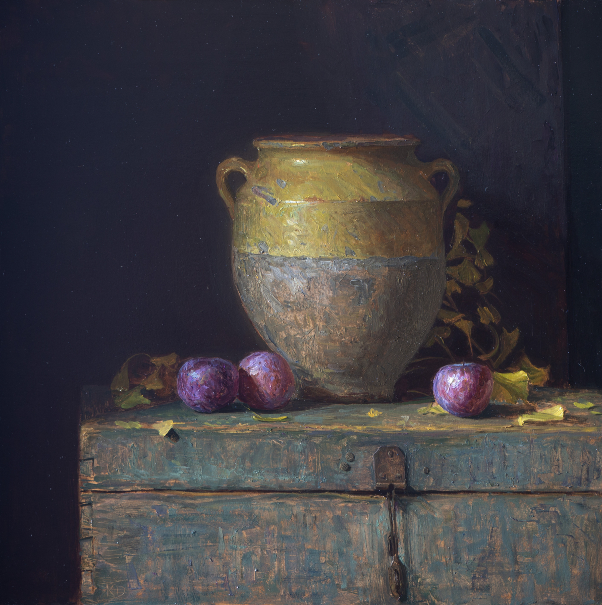Still Life of Confit Pot, Plums, and Ginkgo