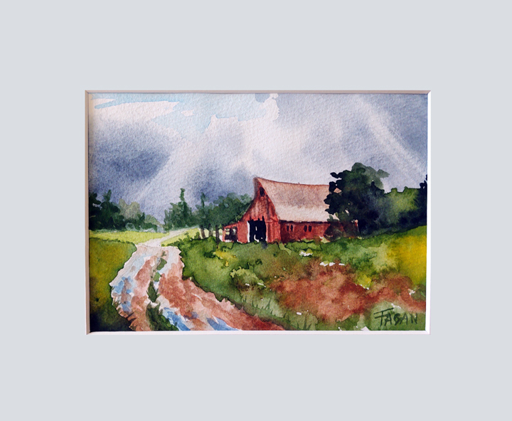 Watercolor Miniature "Red Barn"