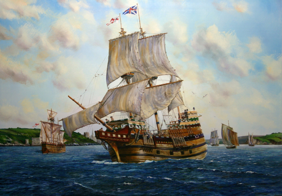 THE SAILS FILL AS THE MAYFLOWER LEAVES PLYMOUTH, 1620